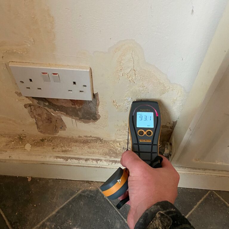 Surveyor carrying out a residential damp survey with a moisture meter